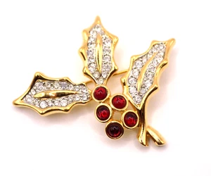 Swarovski Brosche Schwan signiert Kristall Stechpalme Blatt rote Beere Anstecknadel nicht mehr produziert - Bild 1 von 5