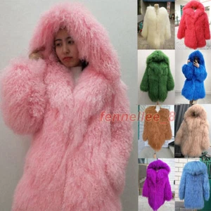 Womens Real Mongolian Sheep Fur Hooded Jacket Winter Warm Curly Fur Coat Outwear - Picture 1 of 33
