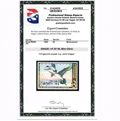 EXCEPTIONAL SCOTT #RW29 MINT PRISTINE OG NH PSE CERT GRADED VF-XF 85 #20240 - Image 1 of 3