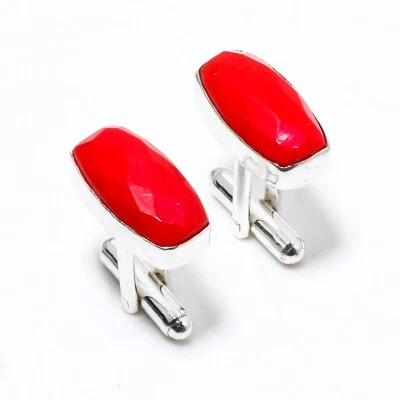 Gemelos de joyería hechos a mano de plata 925 con piedras preciosas de coral rojo Foto 1 de 2