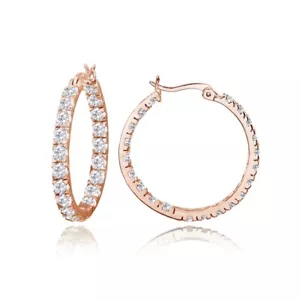 3mm Inside Out Round Cubic Zirconia Rose Gold Plated 925 Silver Hoop Earrings - Picture 1 of 4