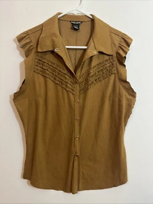 Top occidental sin mangas Y2K perla a presión L volantes marrón imitación gamuza cuello país Foto 1 de 4