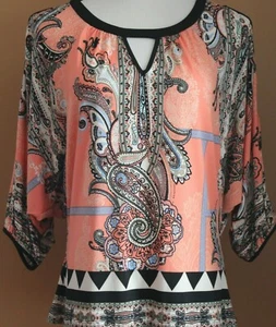 Beige by ECI Peach Multicolor Paisley Blouse Cold Shoulder Stretch M - Picture 1 of 6