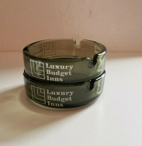 VTG Luxury Budget Inns Smoked Glass Ashtray Set (2) 3.5" diameter Made in USA - Picture 1 of 12