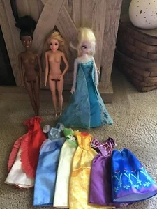 Disney Barbie Dolls 1 Elsa, T1 angled, Rapunzel, 1 Tianna 5 Dresses 1 Skirt 11" - Picture 1 of 16
