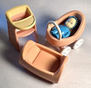 Vintage LITTLE TIKES Dollhouse Baby And Nursery Set Cradle Highchair Stroller - Picture 1 of 1