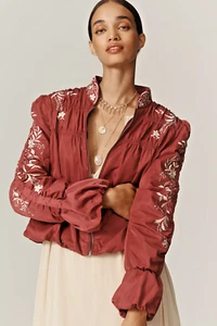 Neu mit Etikett Anthropologie bestickt gerafft RÜSCHEN SATIN BOMBER Jacke MANTEL PFLAUME M - Bild 1 von 6