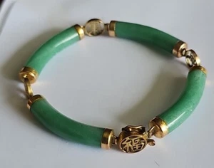 14k Solid Gold Jade Jadeite Link Bracelet Chinese Characters 8" - Picture 1 of 9