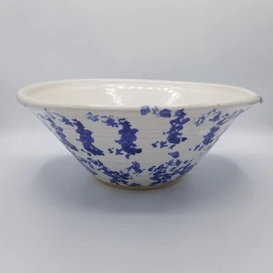 Vintage Spongeware Serving/Mixing Pottery Bowl Blue Signed - Picture 1 of 9