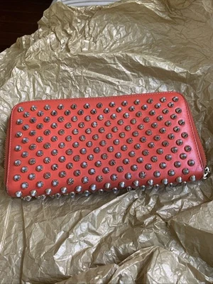 CHRISTIAN LOUBOUTIN Calfskin Empire Panettone Spiked Zip Around Wallet Orange - Image 1 of 4