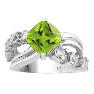 3.35Ct Cushion Cut Real Peridot & White Topaz 14k White Gold Plated Wedding Ring - Picture 1 of 5
