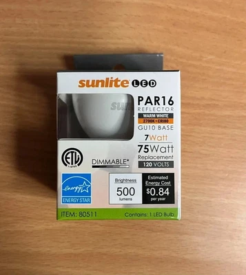 Sunlite PAR16 /LED/7W/GU10/27K Bulb Dimmable 120V - Image 1 of 3
