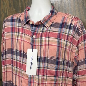 R&Y Caribbean Men’s XXL 100% Linen Peach Red Blue Plaid Long Sleeve Shirt NEW - Picture 1 of 9