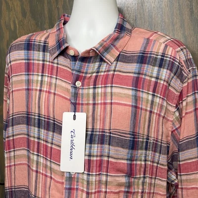 R&Y Caribbean Men’s XXL 100% Linen Peach Red Blue Plaid Long Sleeve Shirt NEW - Image 1 of 4