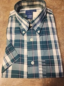 Camicia Towncraft media antirughe manica corta verde e blu a quadri con bottoni - Foto 1 di 6