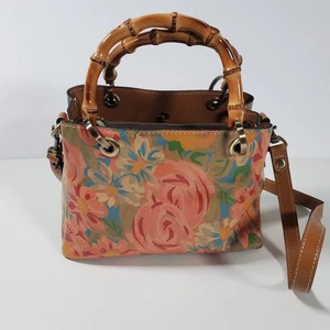 Borsa Patricia Nash acquerello pelle marrone floreale manico bambù tracolla - Foto 1 di 11
