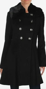 Via Spiga Womens Sz 4 Double Breasted Faux Fur Pea Coat Black Fit 'n Flare NEW - Picture 1 of 19