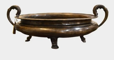 Antiguo Jardinière de latón de alrededor de 1880: lavabo francés con patas, asas ornamentadas Foto 1 de 4