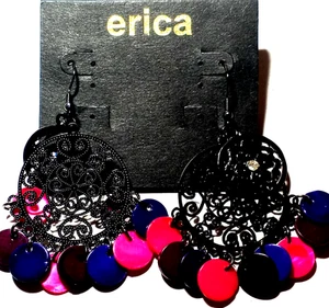 New/Old Stock ERICA , Black Metal & acrylic Pierced Post Earrings - Picture 1 of 2