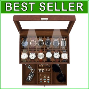 Caja de reloj de cuero sintético con 12 ranuras e interior de terciopelo suave - segura y elegante - Imagen 1 de 10