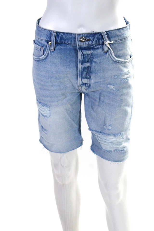 Шорты из денима в рамке женские искусственно состаренные с 5 карманами на пуговицах с высоким подъемом синие размер 24 - Изображение 1 из 4