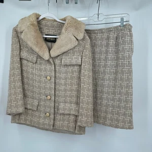 Tuta donna Neiman Marcus vintage anni 60 gonna tweed taglia L collo pelliccia sintetica old money - Foto 1 di 12