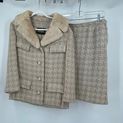 Traje Falda Neiman Marcus Mujer Vintage Años 60 Tweed Talla L Cuello Piel Sintética Dinero Antiguo Foto 1 de 4