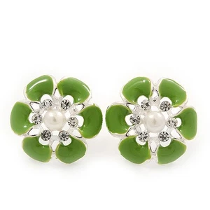 Light Green Enamel Diamante Flower Stud Earrings In Silver Finish - 22mm - Picture 1 of 4