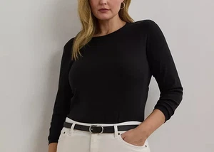 LAUREN Ralph Lauren WOMAN Black Long Sleeve Stretch Cotton Knit Crew Neck Top 3X - Picture 1 of 7