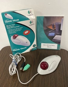 Logitech Marble Mouse Corded Trackball PS2 Port Connector White with Red Ball - Picture 1 of 8