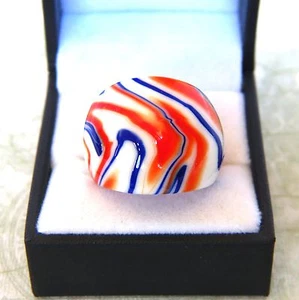 Tifosi Broncos! Anello Bling in vetro soffiato bianco con vortice arancione e blu unico misura 6-10 - Foto 1 di 18