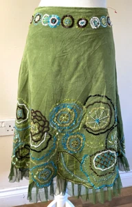 Laddies Corduroy Boho Hippie Skirt S 10 Olive Green Sequins Beading Below Knee - Picture 1 of 7