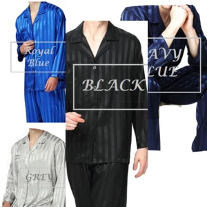 Mens nightwear set Stripe silk satin mens night out outfit - Navy Blue 4XL - Picture 1 of 6