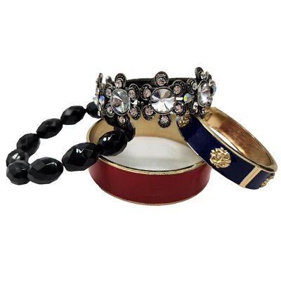 Lote de 4 Pulseras Grandes Negro Azul Rojo Tono Plata con Estrás Cuentas Negras Foto 1 de 4