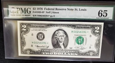 1976 $2 Federal Reserve Note St. Louis  Fr. 1935-H*- PMG 65 Choice Uncirculated  - Image 1 of 2