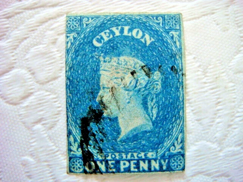 CEYLON 1857 QV ONE PENNY BLUE PAPER IMPERF STAMP  SC# 1 WMK#6 BIG STAR CV $180 Cover