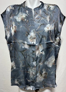 Elie Tahari Damen große Knopfleiste grau weiß Blumen Top Shirt Bluse neu neu mit Etikett - Bild 1 von 7