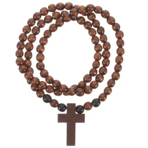 Men's Handcrafted Wooden Cross Pendant Necklace - Fashionable Beaded Chain - Picture 1 of 12