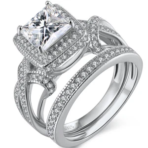 Juego de anillos de compromiso de plata de ley con halo de circonita cúbica corte princesa - Imagen 1 de 11
