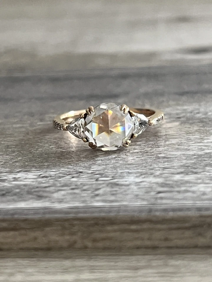 18K Solid Rose Gold Ring Rose Cut Moissanite Side Trillions And Pavé Setting - Image 1 of 4