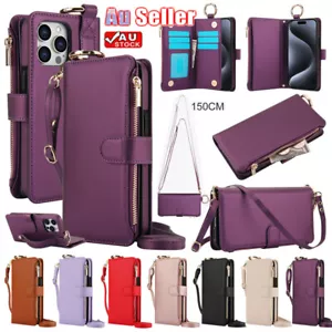 ZIP Wallet Purse Case Leather Cover Strap For iPhone 16e 15 14 13 12 11 Pro Max - Picture 1 of 100