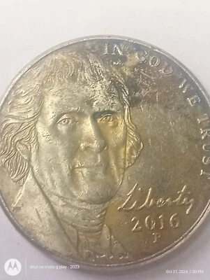 2016 P Yellow Toning Defect Obv&Rev Jefferson Nickel Coin,Free Shipping!!! - Image 1 of 4