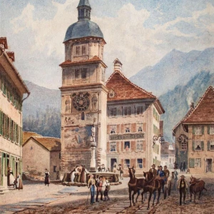 Altdorf Tell-Monumento vista histórica de la ciudad Suiza acuarela sin firmar siglo XIX - Imagen 1 de 2