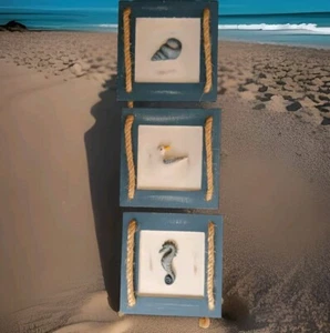Nautical 3D Wall 3 Plaques Decor Shell Duck Seahorse On Rope 27" Rustic Coastal - Picture 1 of 11