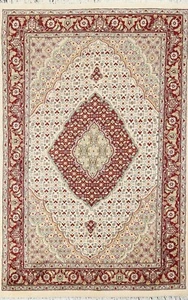 Alfombra Oriental Tebriz-Mahi Marfil Lana/Seda Tinte Vegetal Hecho a Mano 4x6 Alfombra - Imagen 1 de 12