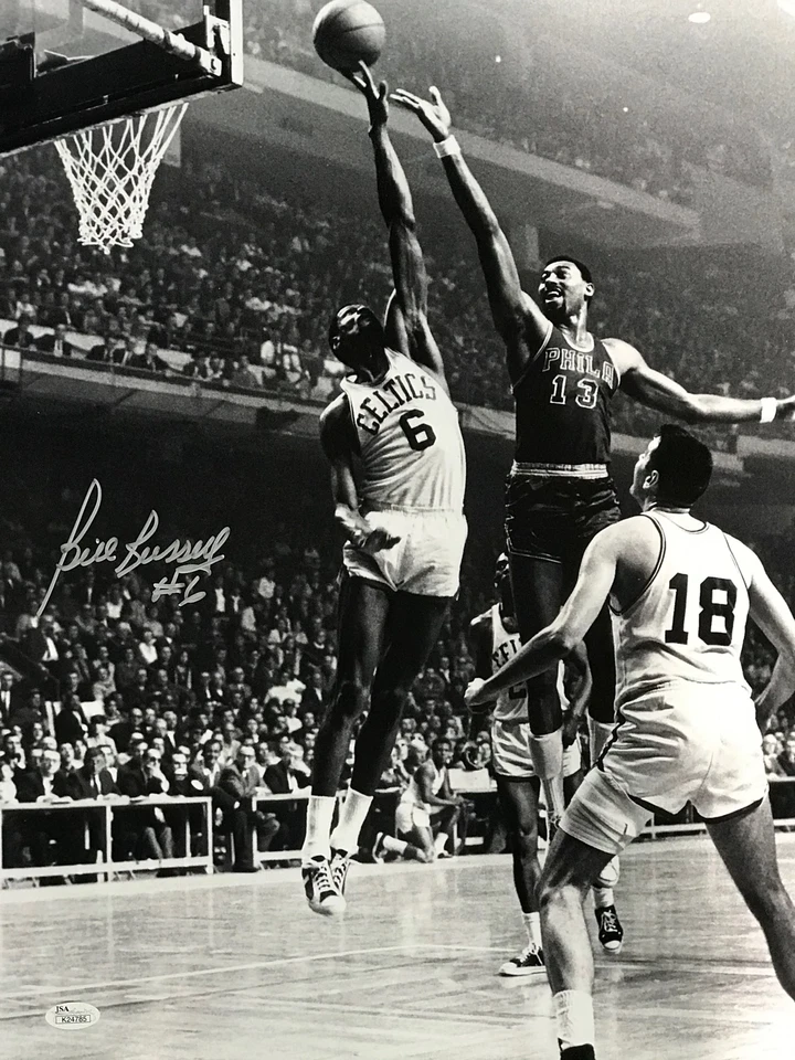 Bill Russell Autographed Blocking Chamberlain 16x20 Photo - Image 1 of 1