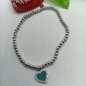 BRACCIALE CUORE ARGENTO RODIATO SMALTATO MAGLIA SFERA MM 3 ELASTICIZZATO - Foto 1 di 3