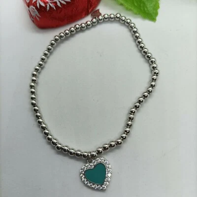 BRACCIALE CUORE  ARGENTO RODIATO SMALTATO MAGLIA SFERA MM 3 ELASTICIZZATO - Immagine 1 di 3