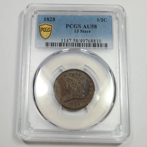 1828 PCGS AU58 - 13 STARS - Classic Head Half Cent 1/2c US Coin #50929A - Picture 1 of 4
