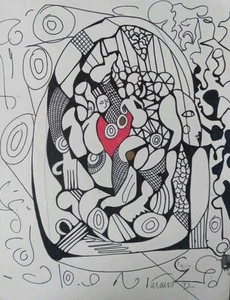 RARE VINTAGE OOAK ABSTRACT CUBIST CONTEMPORARY ORIGINAL PAINTING INK DRAWING - Picture 1 of 1